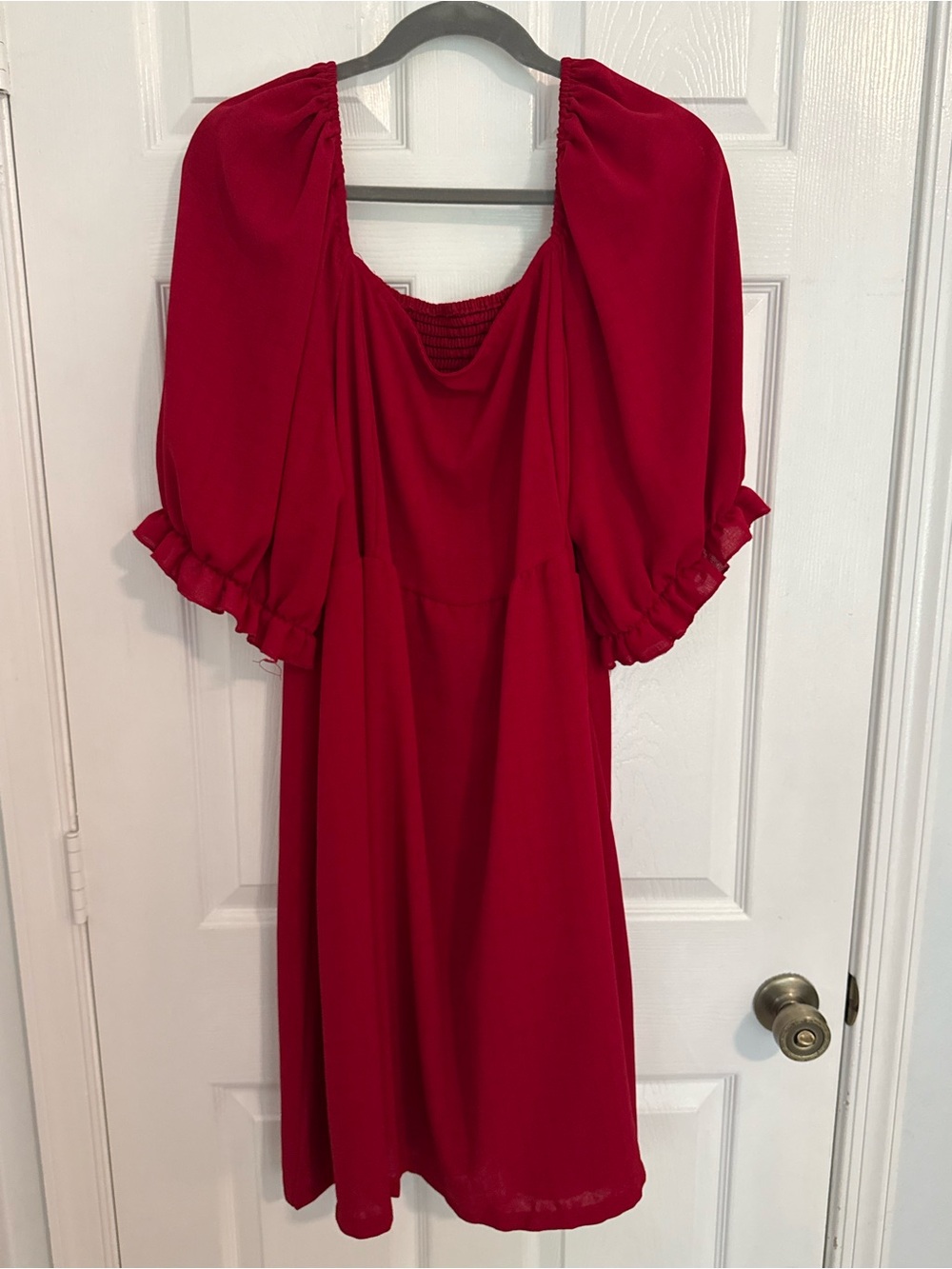 SHEIN Red Midi Peasant Dress with Puff Sleeves